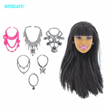 Doll Head Black Long Straight Hair With Metallic Earrings + 6 Pcs Plastic Chain Necklaces Accessories For 12