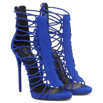 2017 New Gladiator Thin Heel Open Toe Shoes Strapped Design Flock Cover Heel Women Sandals Blue Suede Back Zip Closure Shoes