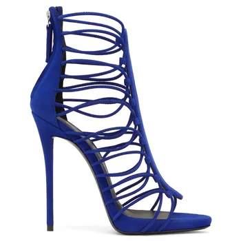 2017 New Gladiator Thin Heel Open Toe Shoes Strapped Design Flock Cover Heel Women Sandals Blue Suede Back Zip Closure Shoes