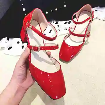 Krazing Pot hot brand shoes patent leather big size square toe preppy style med heels buckle strap women pumps mary janes 0-1