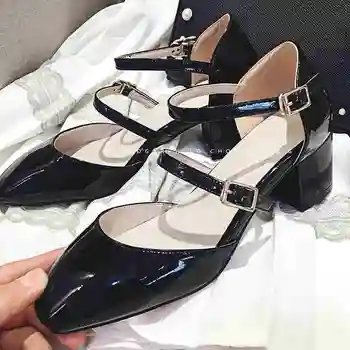 Krazing Pot hot brand shoes patent leather big size square toe preppy style med heels buckle strap women pumps mary janes 0-1