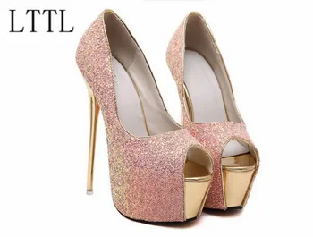 2017 white pink bling bling wedding shoes sexy peep toe 17 cm high heels pumps 6 cm platform shoes extreme high heels women
