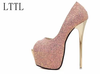 2017 white pink bling bling wedding shoes sexy peep toe 17 cm high heels pumps 6 cm platform shoes extreme high heels women