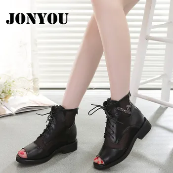 2017 Fish Head Low Heel Nubuck Genuine Leather Lace Floral Pearl Rivets Summer Women Fashion Sandals Zipper Ankle Boots