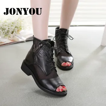2017 Fish Head Low Heel Nubuck Genuine Leather Lace Floral Pearl Rivets Summer Women Fashion Sandals Zipper Ankle Boots