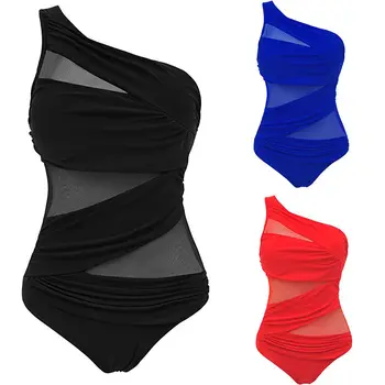 2017 New Plus size Women Oblique One Piece Swimsuit Swimwear Bathing Beach Suit Sexy Bandage Mesh Yarn Inspired Monokini