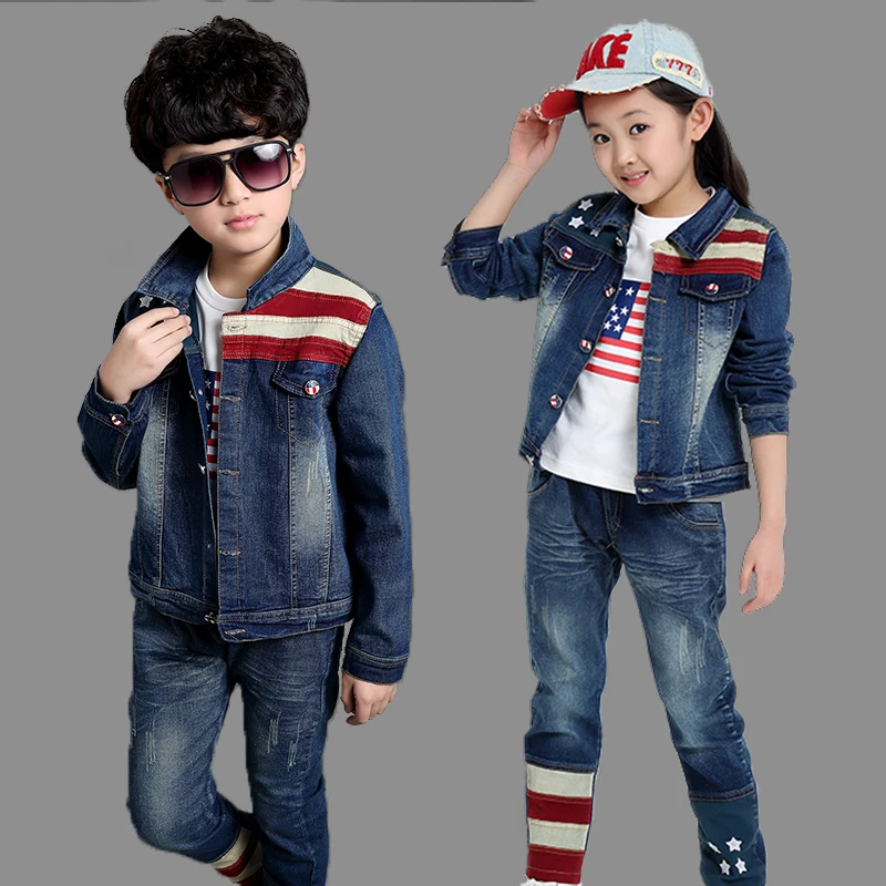 Direct Selling New Clothing Female Denim Autumn Full Turn-down Collar Set Male Child Casual Sports Fashion Piece Set