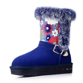 2016 New Brand Women's Snow Boots Rabbit Fur Flowers Warm Winter Boots Platform Bukle Cotton Shoes Botte Fourrure Femme Hiver