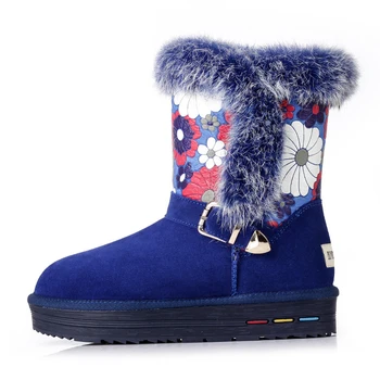 2016 New Brand Women's Snow Boots Rabbit Fur Flowers Warm Winter Boots Platform Bukle Cotton Shoes Botte Fourrure Femme Hiver