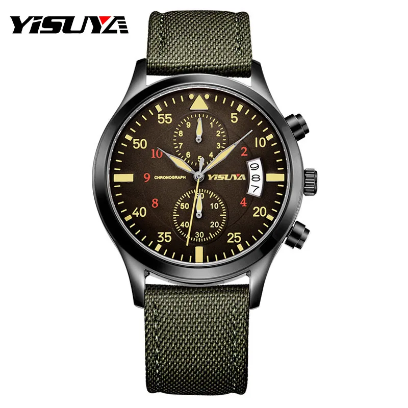 Top Brand YISUYA Luxury Men Chronograph Date Watches Quartz-watch Nylon Leather Men's Sport Army Wrist Watch Waterproof relojes