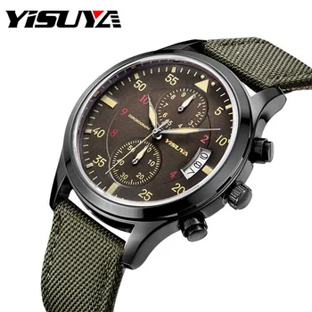 Top Brand YISUYA Luxury Men Chronograph Date Watches Quartz-watch Nylon Leather Men's Sport Army Wrist Watch Waterproof relojes
