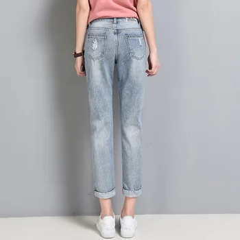Summer New Women's Jeans Ankle-Length Pants Loose Light Bule BF Boyfriend Pencil Ripped Worn Holes Female's Denim Pants Calca
