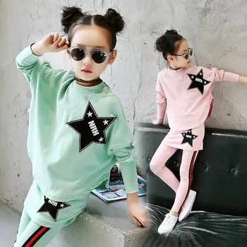 2017 New Girls Set Spring Kids Two-piece Set Baby Casual Five Star Set Toddler Tops and Pantskirt Children Cotton Set,3-12Y