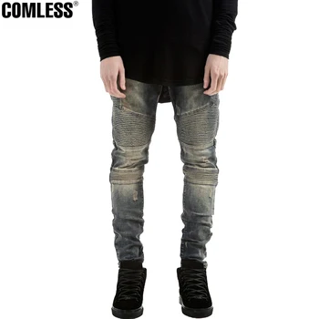 New Kanye West Designer Hip Hop Clothes Men Jeans Rockstar Justin Bieber Ankle Slim Fit Biker Jeans Pants Denim Pleated Trousers