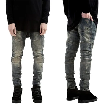 New Kanye West Designer Hip Hop Clothes Men Jeans Rockstar Justin Bieber Ankle Slim Fit Biker Jeans Pants Denim Pleated Trousers