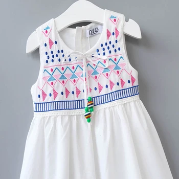 VORO BEVE New Summer Fashion Girl Sundress Baby Girl Dress Embroidery Geometry Pattern Round Wavy Hem Tassel Sleeveless Dress
