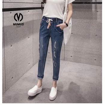 2017 SheIn Women Summer Pants Casual Trousers For Ladies Blue Ripped Mid Waist Drawstring Skinny Denim Calf Length Jeans