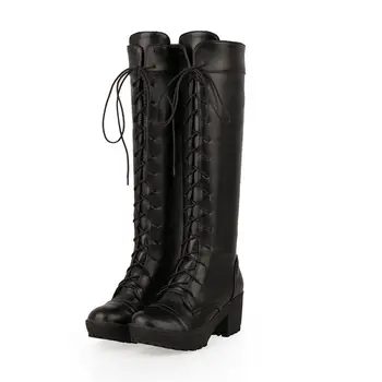 MoonMeek top fashion pu soft leather round toe the knee high boots lace up contracted square heels