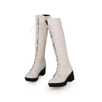 MoonMeek top fashion pu soft leather round toe the knee high boots lace up contracted square heels