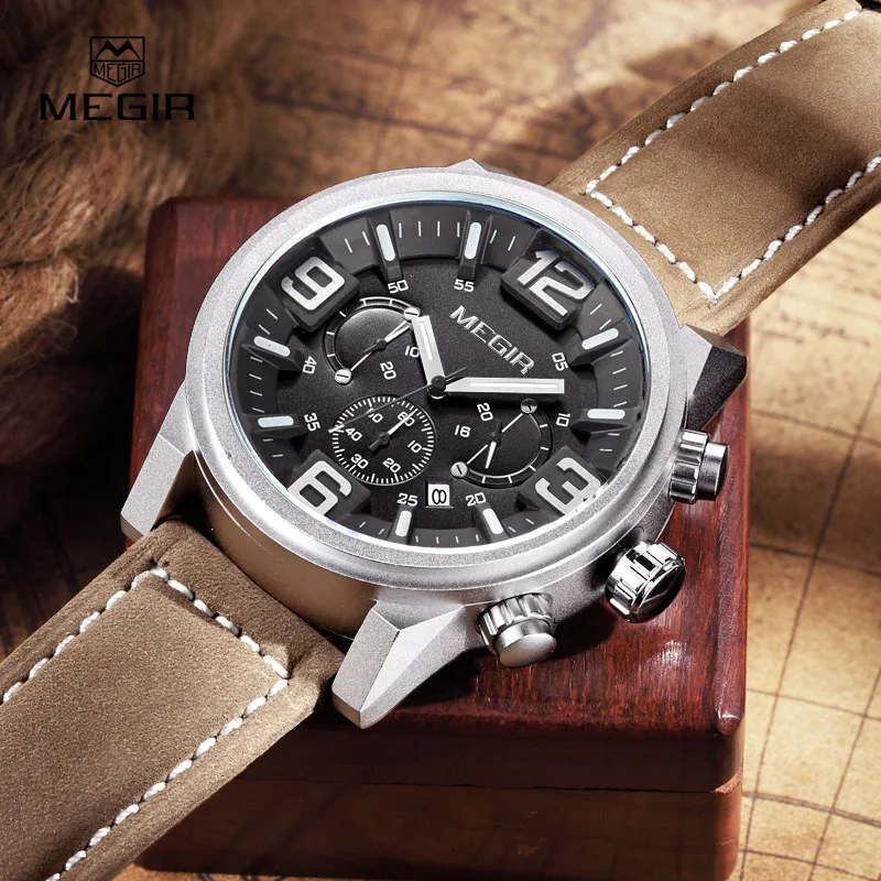 2016 Function Sport Stylish Top Luxury Brand MEGIR Wrist Watches Men Leather Strap Band Quartz watch Big Dial Clock Man Gift