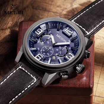 2016 Function Sport Stylish Top Luxury Brand MEGIR Wrist Watches Men Leather Strap Band Quartz watch Big Dial Clock Man Gift