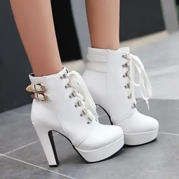 Autumn Winter Women Round Toe Ankle Boots High Heels Lace Up Shoes Double Buckle Platform Short Martin Booties Size 33-43