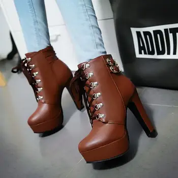 Autumn Winter Women Round Toe Ankle Boots High Heels Lace Up Shoes Double Buckle Platform Short Martin Booties Size 33-43