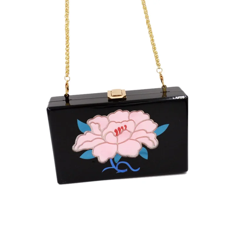2017 Fashion personality printing women clutch bag Acrylic Flowers evening bags small dinner bag party chain handbags box blosa