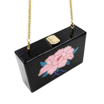 2017 Fashion personality printing women clutch bag Acrylic Flowers evening bags small dinner bag party chain handbags box blosa