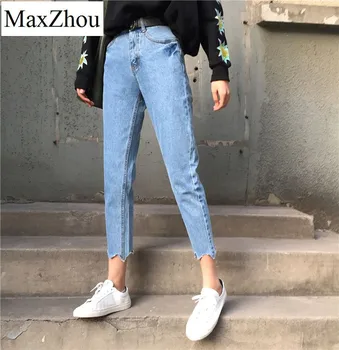 MaxZhou 2017 New Women's Simple Feet High Waist Wild Washed Jeans Classic Large size Blue Ankle-Length Pants