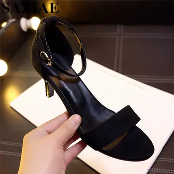 SAZIAE]2017 Fashion Women Shoes Buckle Sandals Thin Heels Mixed Color Sexy Sandals Summer Slippers Shoes Woman Leather Sandals