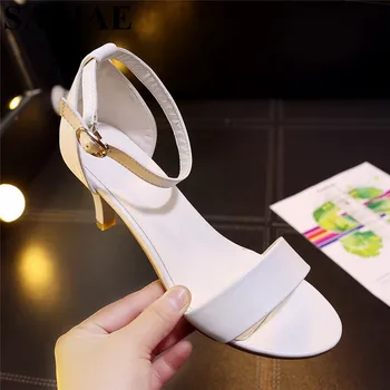 SAZIAE]2017 Fashion Women Shoes Buckle Sandals Thin Heels Mixed Color Sexy Sandals Summer Slippers Shoes Woman Leather Sandals