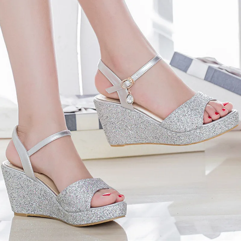 Womens female summer style elgant silver gold glitter bling peep toe wedges high heels sandals lady sandal plus size 42 43 F8
