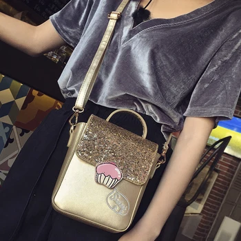 Women Small Bling Sequin Hand Bag Cute Ice Cream Cake Ladies Shoulder Cross Bag PU Leather Girls Messenger Bags Shop Totes