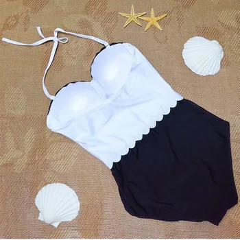 Sexy Black and White One-Piece Swimsuit Swimwear Women Bandeau Straps Monokini Swimming suit