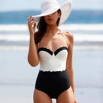 Sexy Black and White One-Piece Swimsuit Swimwear Women Bandeau Straps Monokini Swimming suit