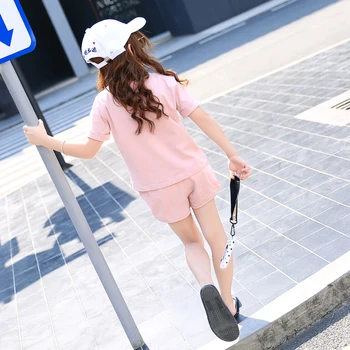 Summer 2017 Kids Fashion Girls Clothing Sets 2 pcs Pink Top & Shorts Suits for Teenage Girls Clothes Sets 7 8 9 10 11 12 13 14 T