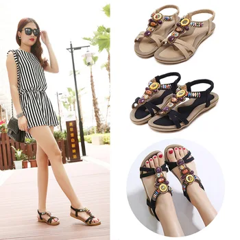 New National Style Bling Rhinestone Sandals Bohemia Flats Beaded Shoes Summer Shoes Women Shoes Popular