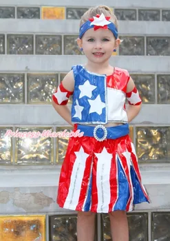 4th July Patriotic America Flag Star Tank Top Skirt Kids Girl Costume 2-7Y
