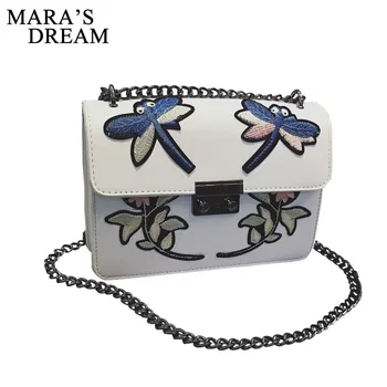 Mara's Dream 2017 Women's Clutches Crossbody Bags Women PU Leather Chain Candy Color Embroider Flowers Shoulder Messenger Bag