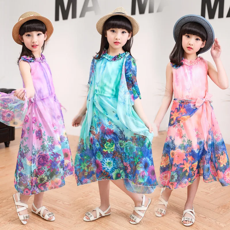Fashion Flower Girl Dress Long Dress 2017 Summer Children Child Princess Dresses Girls Clothes Costume Clothing Size 4-16