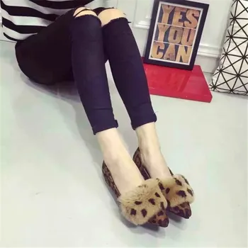 2016 New Fashion Leopard Women Shoes Autumn Winter Rabbit Fur Ladies Flats Black Grey Pointed Toe Female Shoes sapato feminino