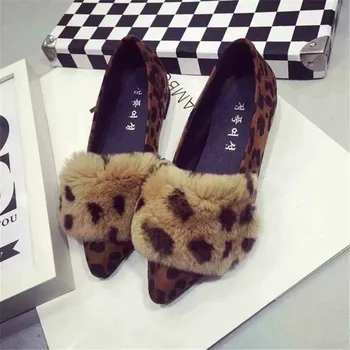 2016 New Fashion Leopard Women Shoes Autumn Winter Rabbit Fur Ladies Flats Black Grey Pointed Toe Female Shoes sapato feminino