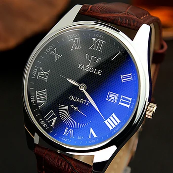 YAZOLE 307 Mens Dazzle Blue Mirror Quartz Watch Roman Number Date Display Luminous Wristwatches 2017 New