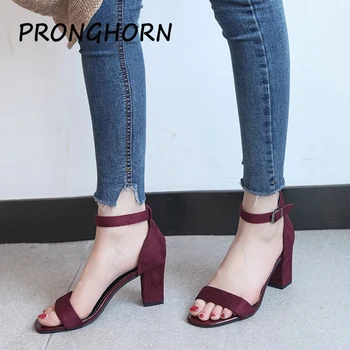 New Summer Shoes Women Thick Heel Sandals Buckle Strap Flock Square Heel Women Sandals Red Black Solid Footwear Dress Chaussure