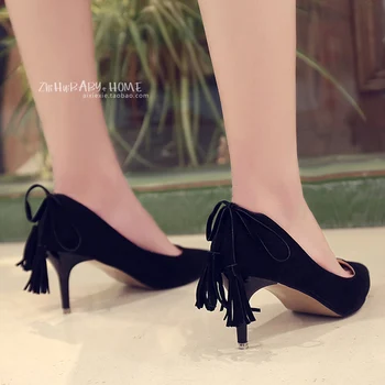 2017 Spring Fringe High Heel Shoes 7.5 CM Pointed Toe OL Shallow Mouth Bow Pumps Young Lady Spring Tassel Shoes