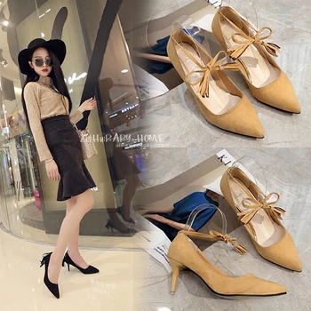 2017 Spring Fringe High Heel Shoes 7.5 CM Pointed Toe OL Shallow Mouth Bow Pumps Young Lady Spring Tassel Shoes
