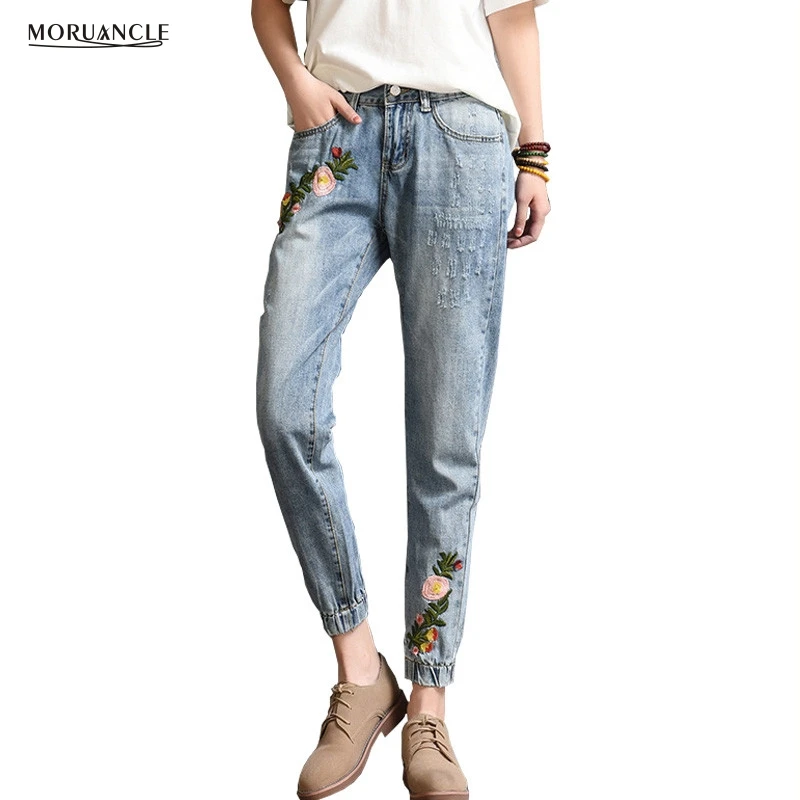 MORUANCLE Womens Floral Embroidered Jeans Pants Fashion Flower Denim Trousers For Femel Ankle Length Elastic Cuff
