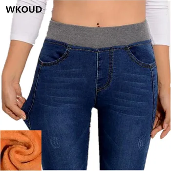 WKOUD Women Jeans 2017 Winter Warm Gold Fleeces Denim Pants High Waist With Elastic Thicken Pencil Pants Casual Trousers P8004