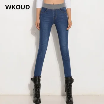 WKOUD Women Jeans 2017 Winter Warm Gold Fleeces Denim Pants High Waist With Elastic Thicken Pencil Pants Casual Trousers P8004